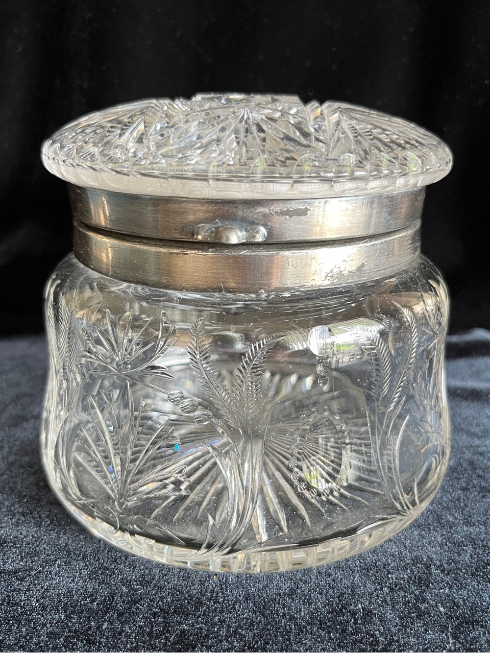 Antique ABP Crystal Biscuit Jar Barrel Silver Plate Hinge Floral Wheat Star